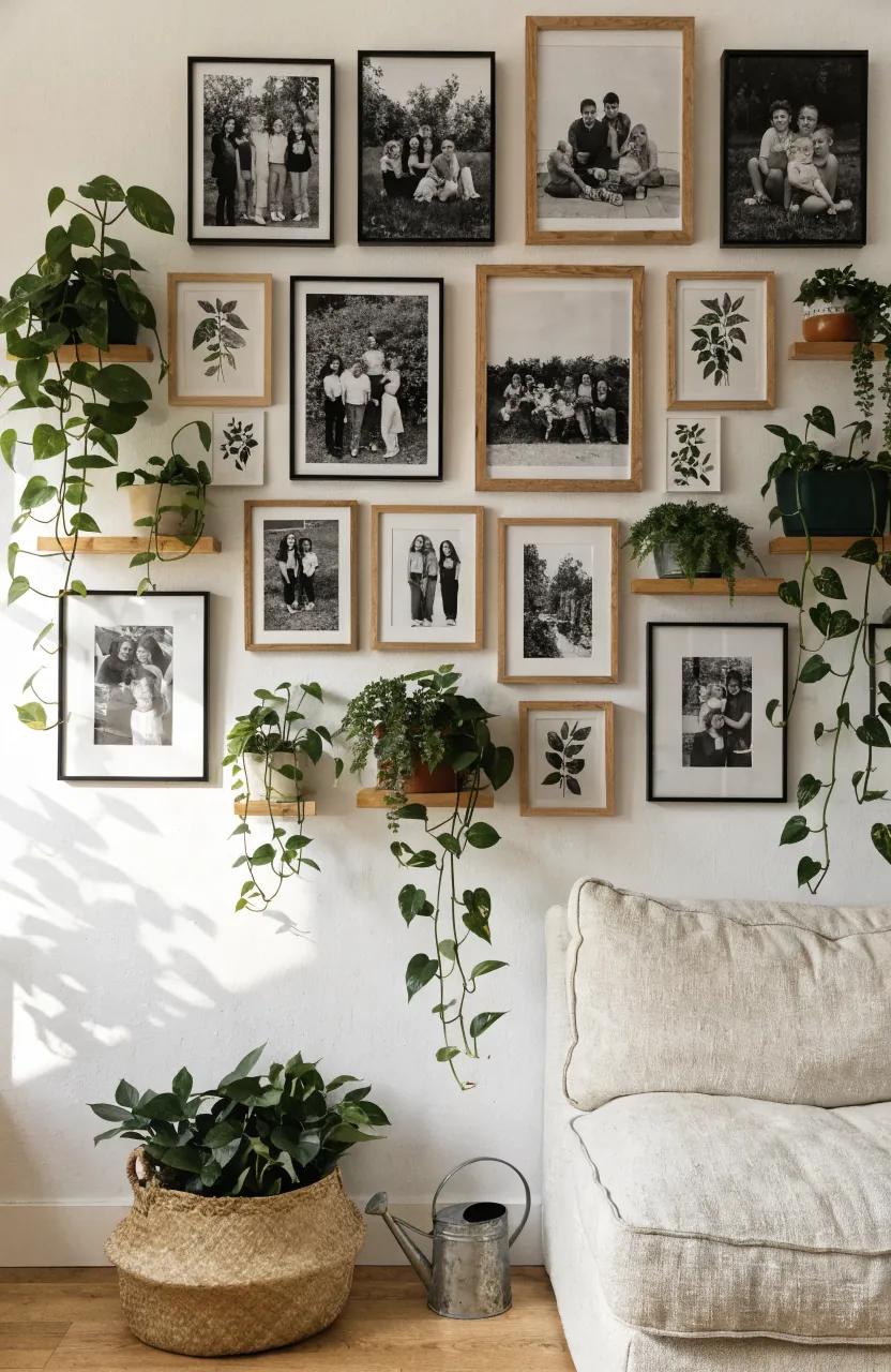 Modern photo and plant wall with framed family pictures trailing greenery and bamboo shelf accents