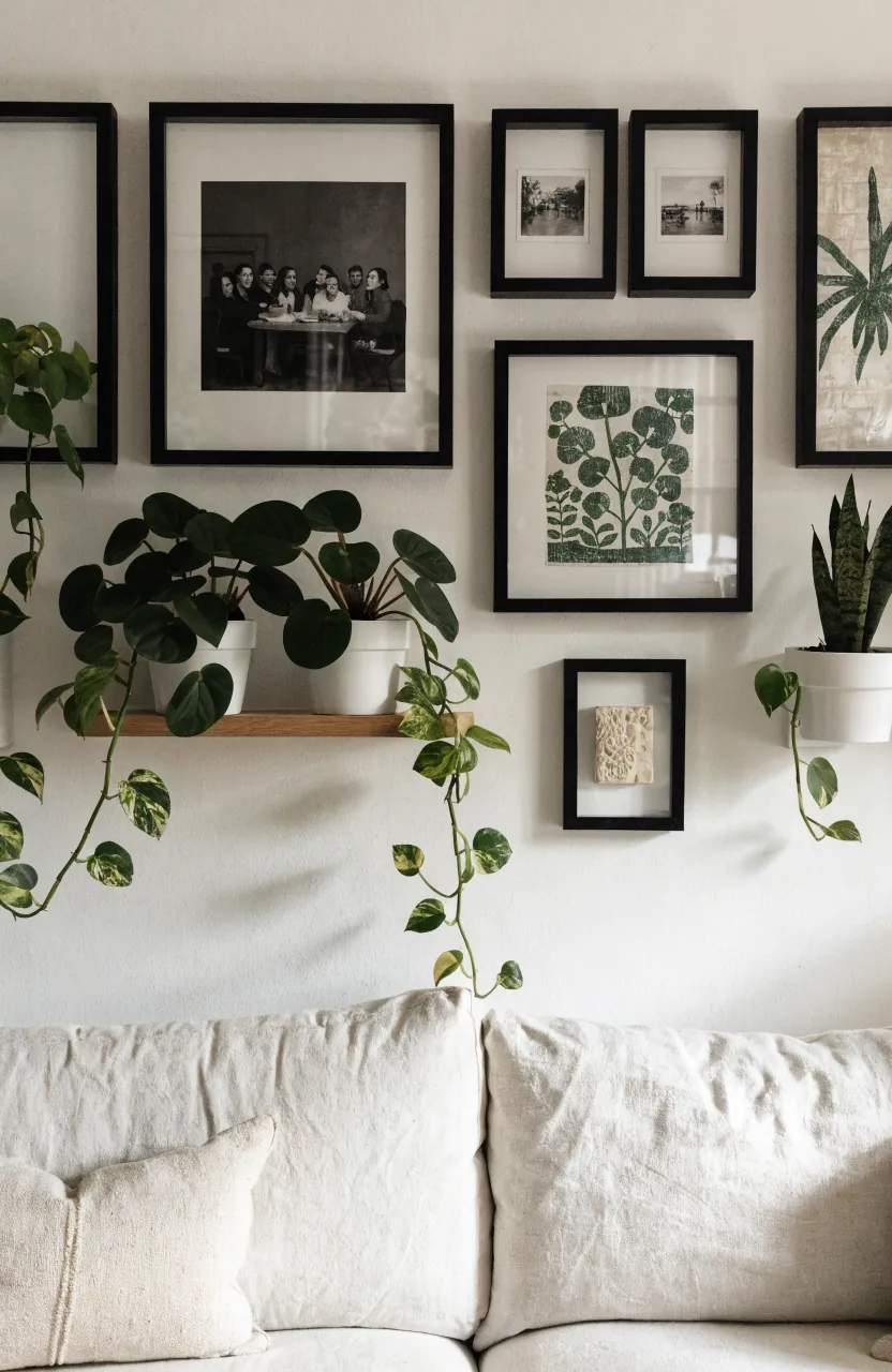 Balanced photo and plant wall over a sofa with varied frame sizes and trailing greenery