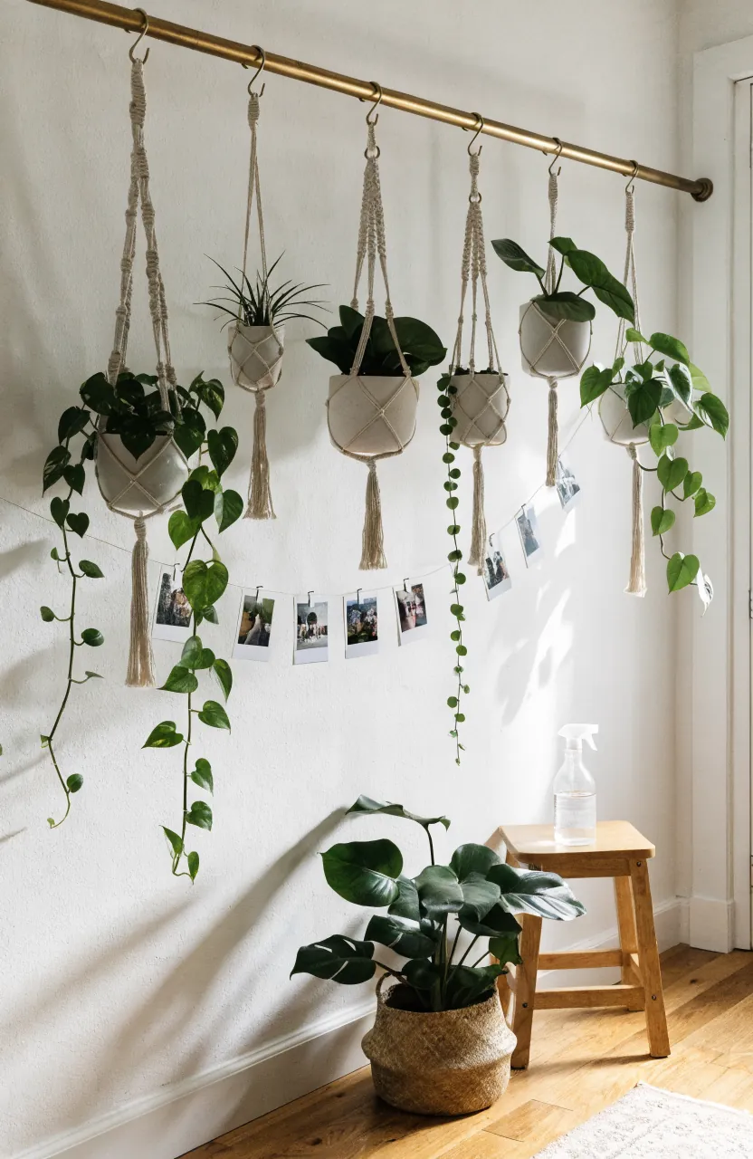 Renter friendly plant feature wall with a brass curtain rod hanging plants and clipped photos