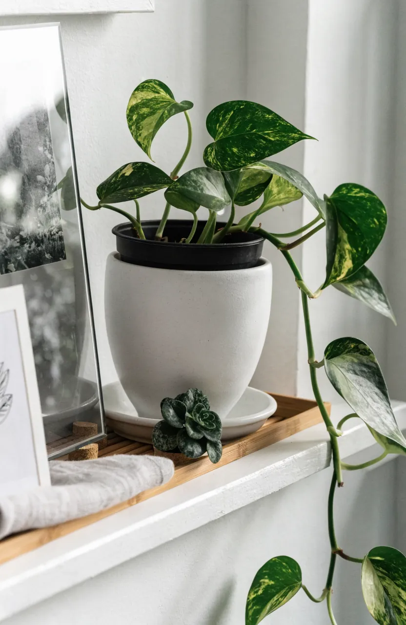 Water safe photo and plant wall detail with saucers removable pots and protected framed photos