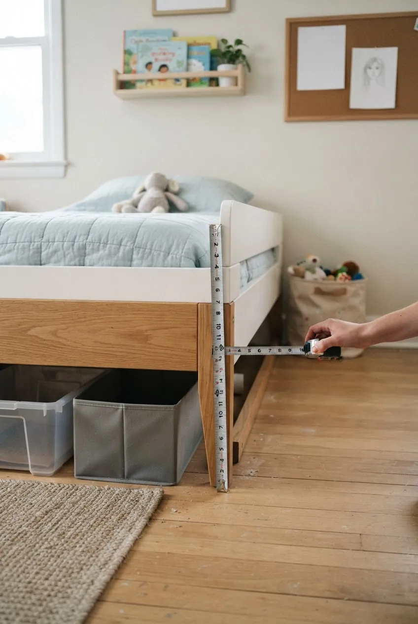 Measuring under bed storage clearance in a small kids room before choosing bins