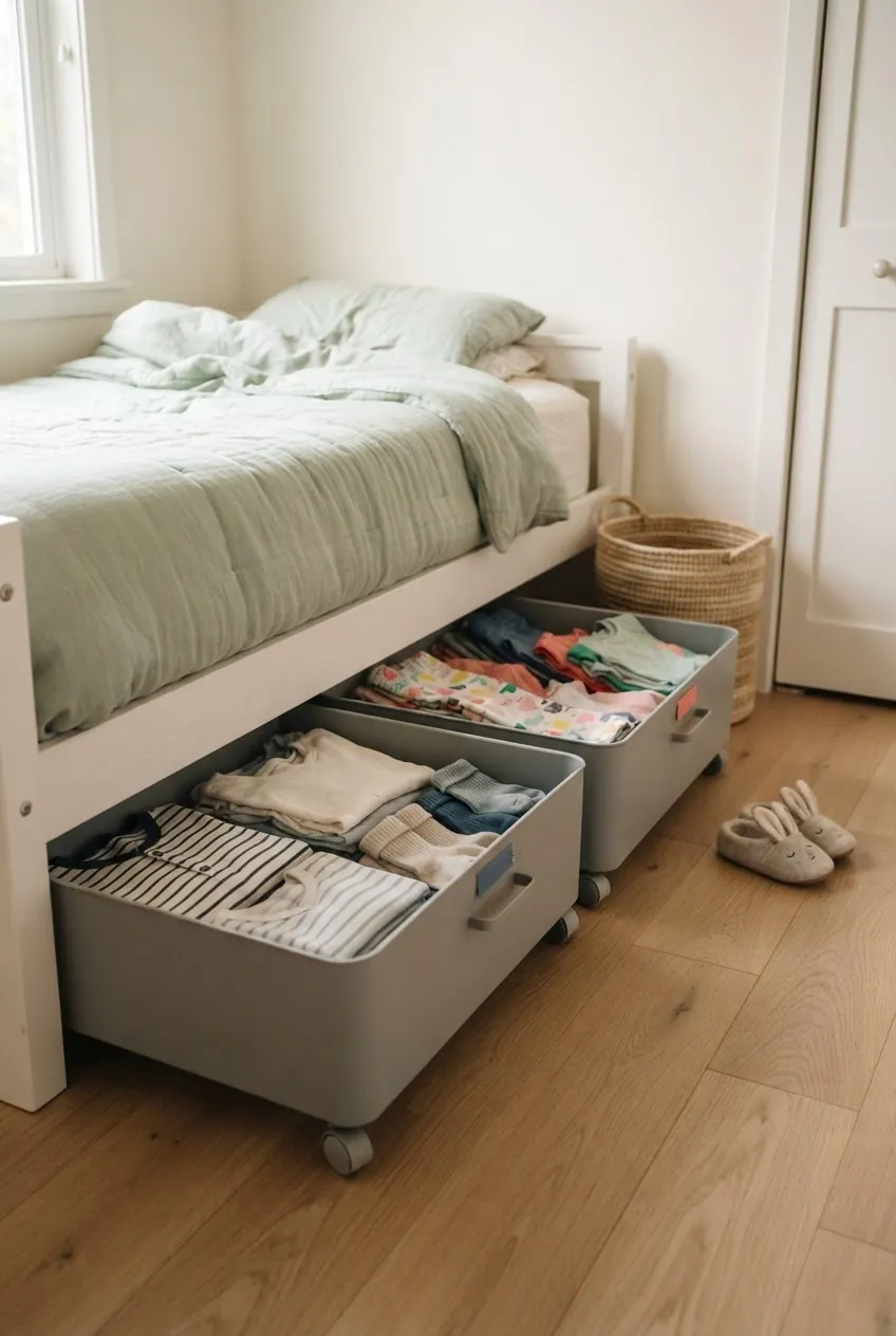 Rolling under bed drawers for kids clothes and daily storage in a small bedroom