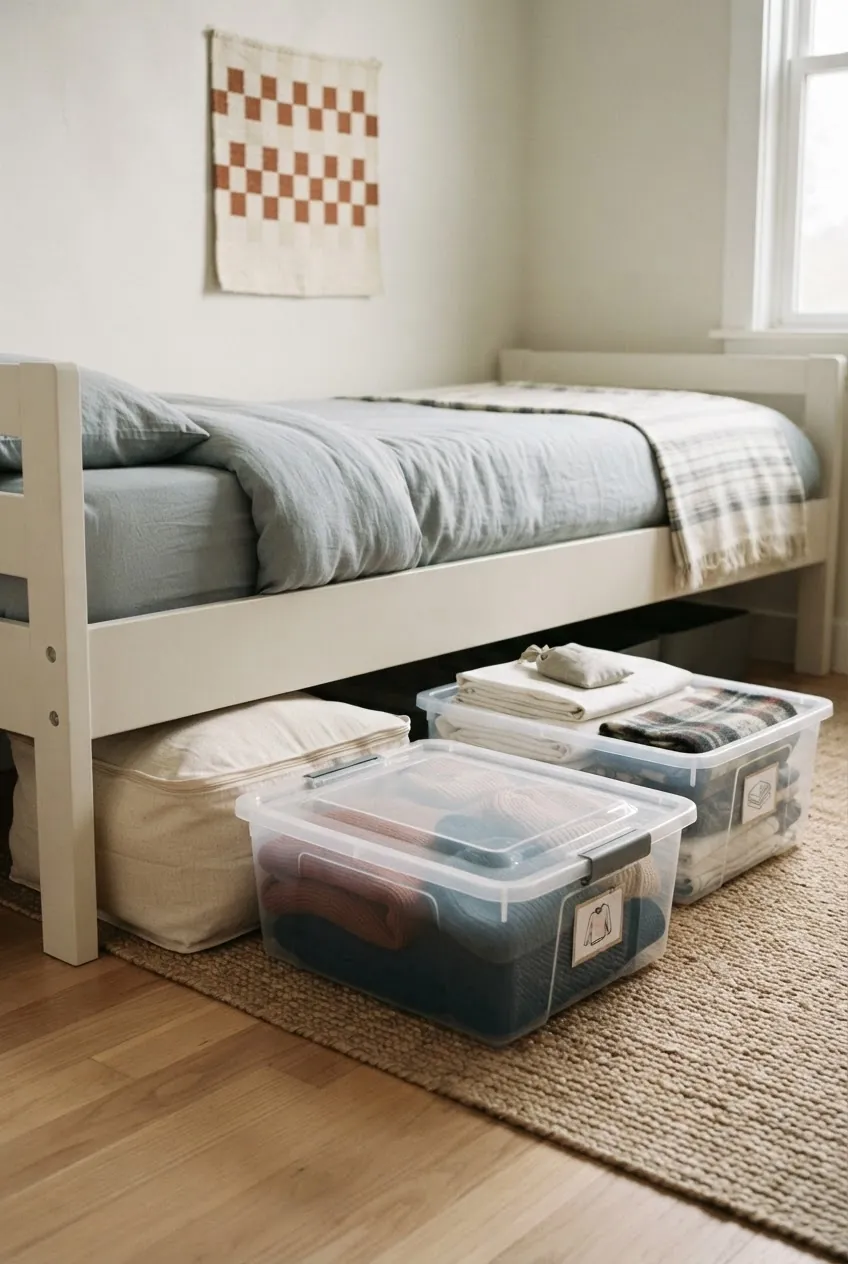 Lidded under bed storage bins for seasonal kids clothes and extra bedding