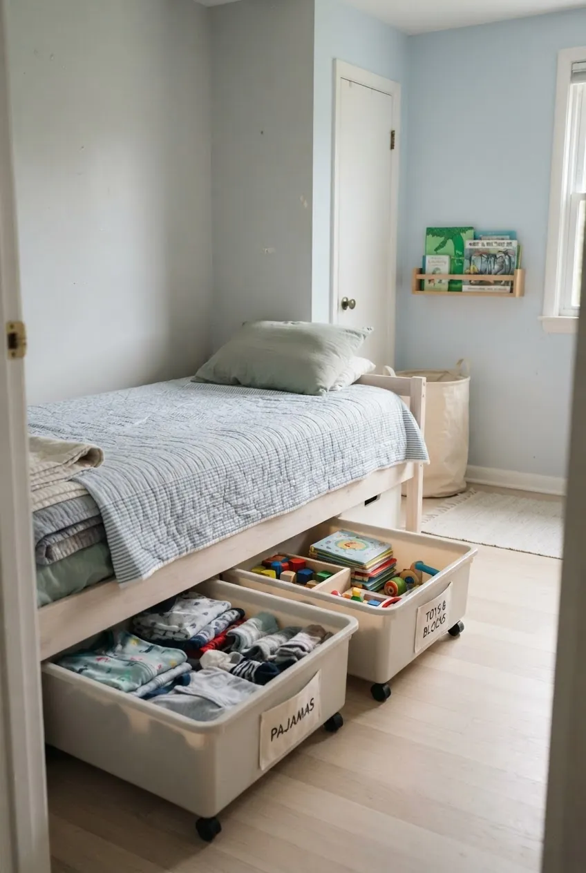 Under bed storage in a small kids room with labeled bins and open floor space