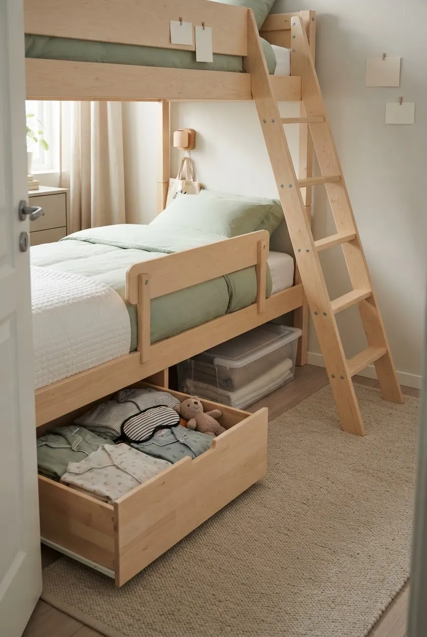 Bunk bed storage with pull out bins that keep the ladder and walkway clear