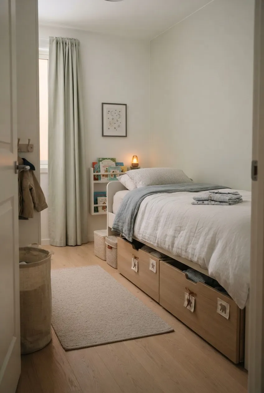 Small kids room under bed storage reset with clear floor and labeled bins