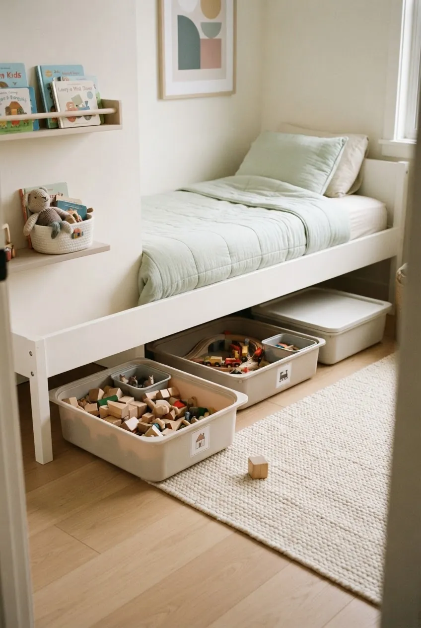 Under bed toy rotation bins in a small kids room with labeled categories