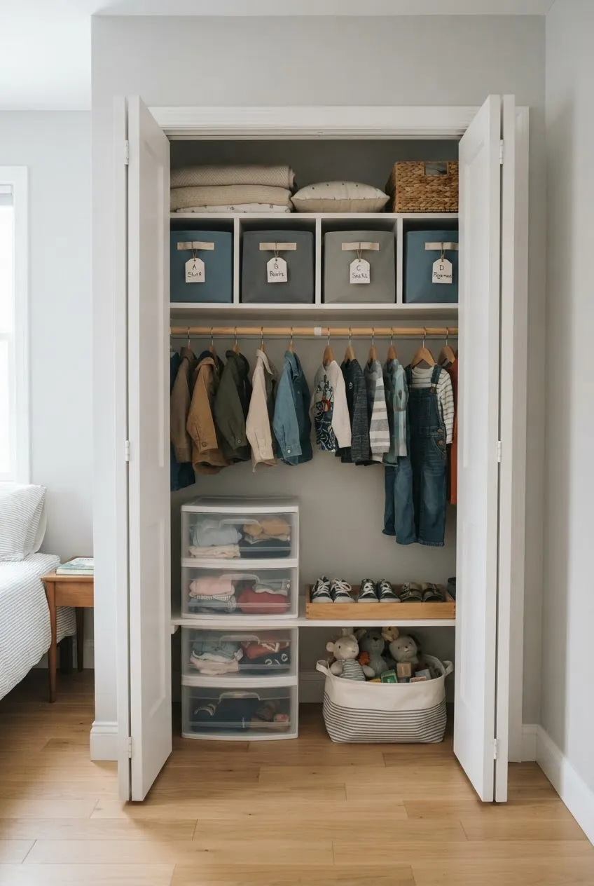 Apartment kids room closet with cubby storage and labeled bins for clothes and toys