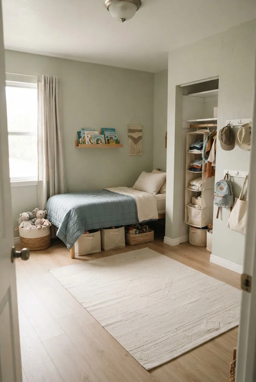 Small apartment kids room with smart storage, clear floor space, and renter friendly decor
