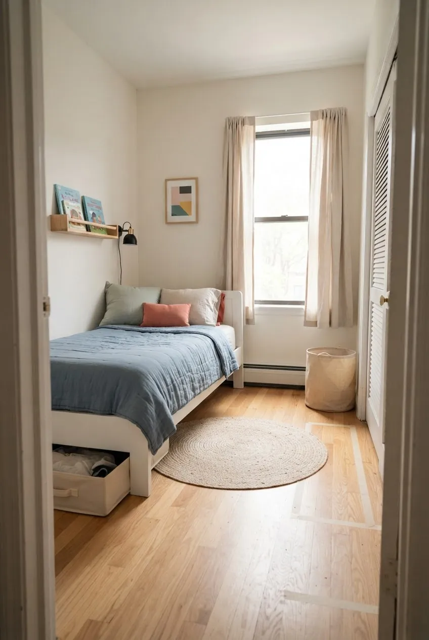 Small apartment kids room with a corner bed layout and clear floor space