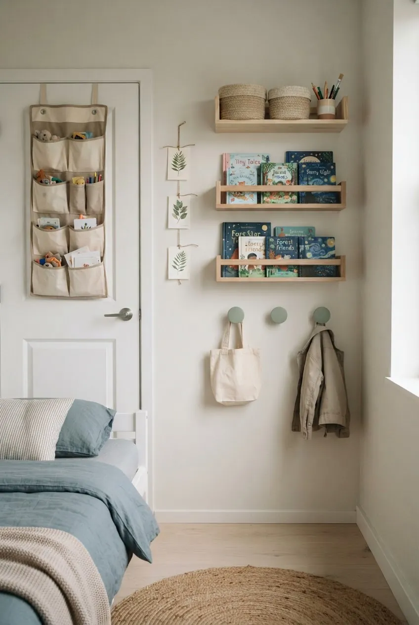 Renter friendly vertical wall storage in a small apartment kids room