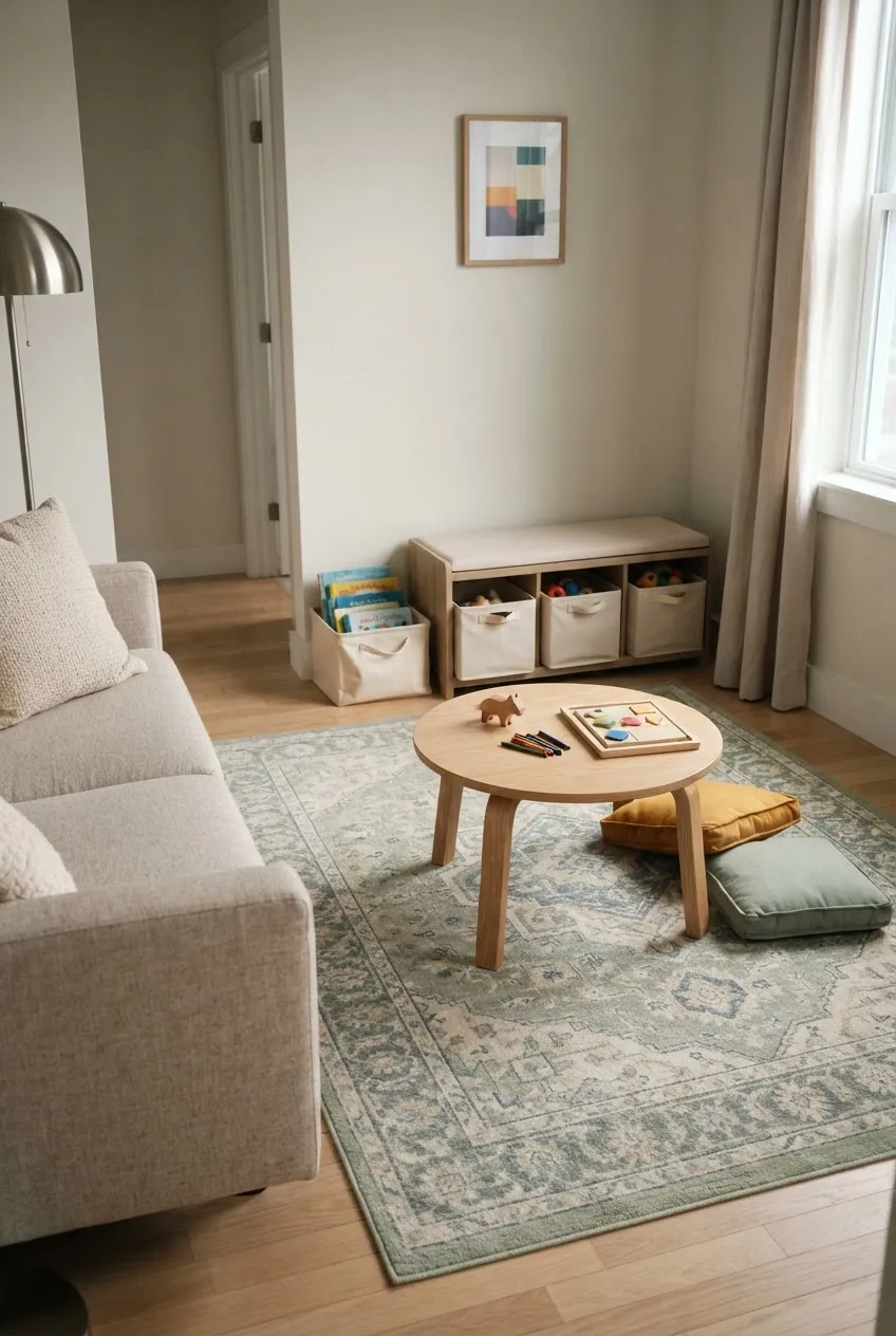 Small apartment living room play area with hidden toy storage and washable rug