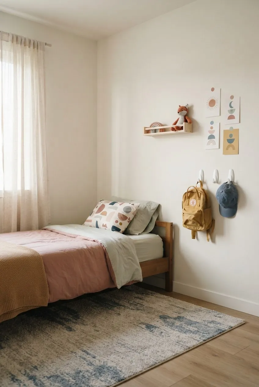Renter friendly kids room decor with removable hooks, soft rug, and personal shelf