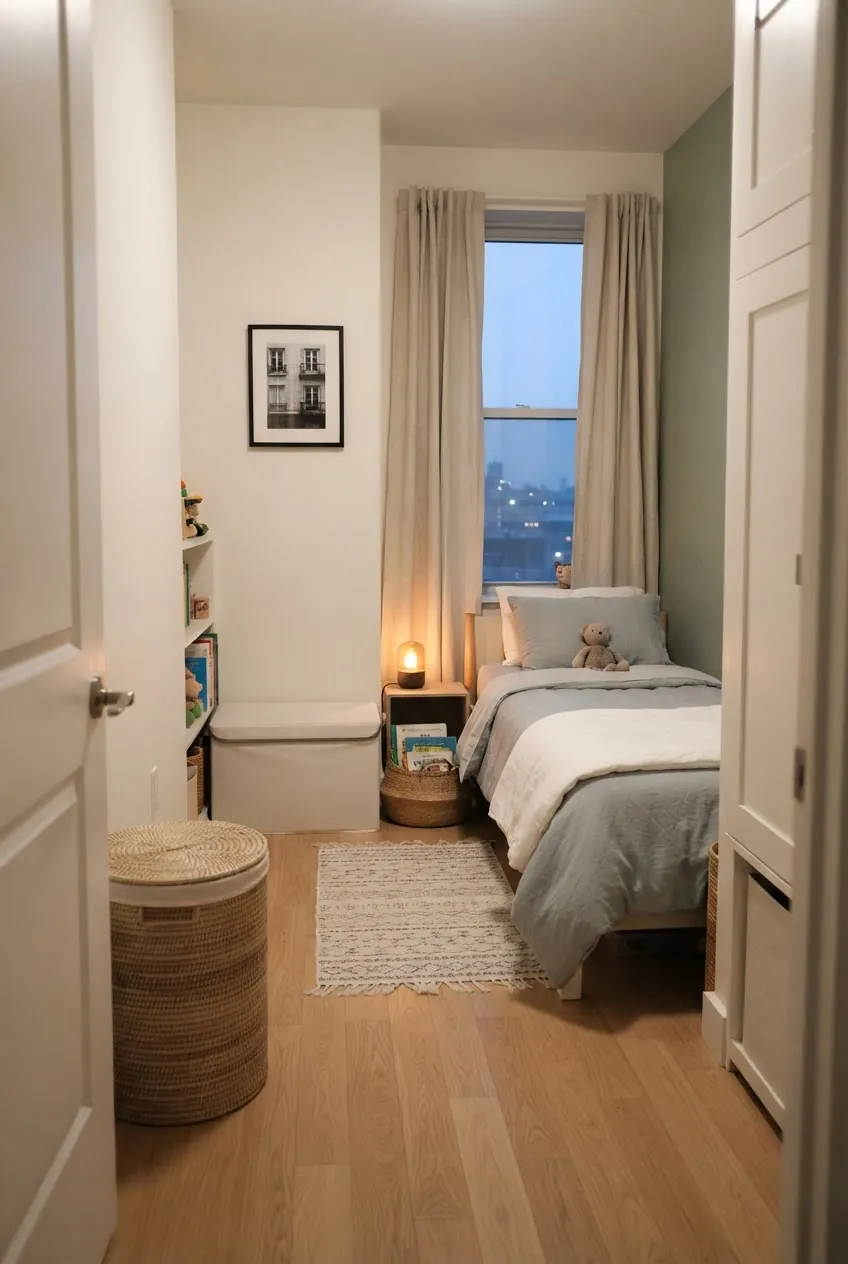 Small apartment kids room after bedtime reset with clear walkway and organized storage