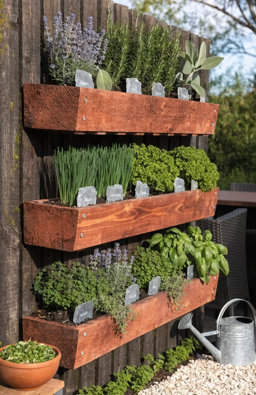Outdoor wall herb garden with tiered wooden troughs drainage gaps and culinary herbs