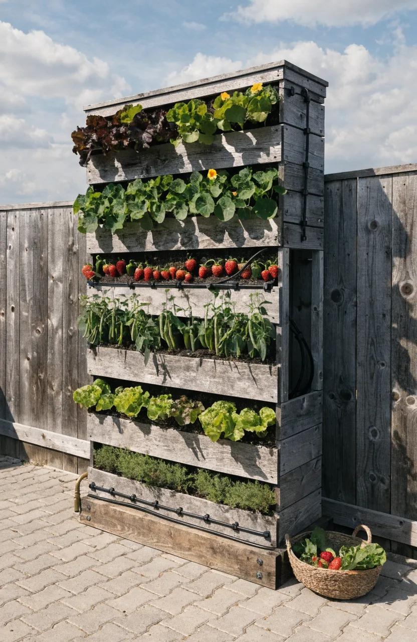 Freestanding deep vertical vegetable garden wall with drip irrigation and leafy greens