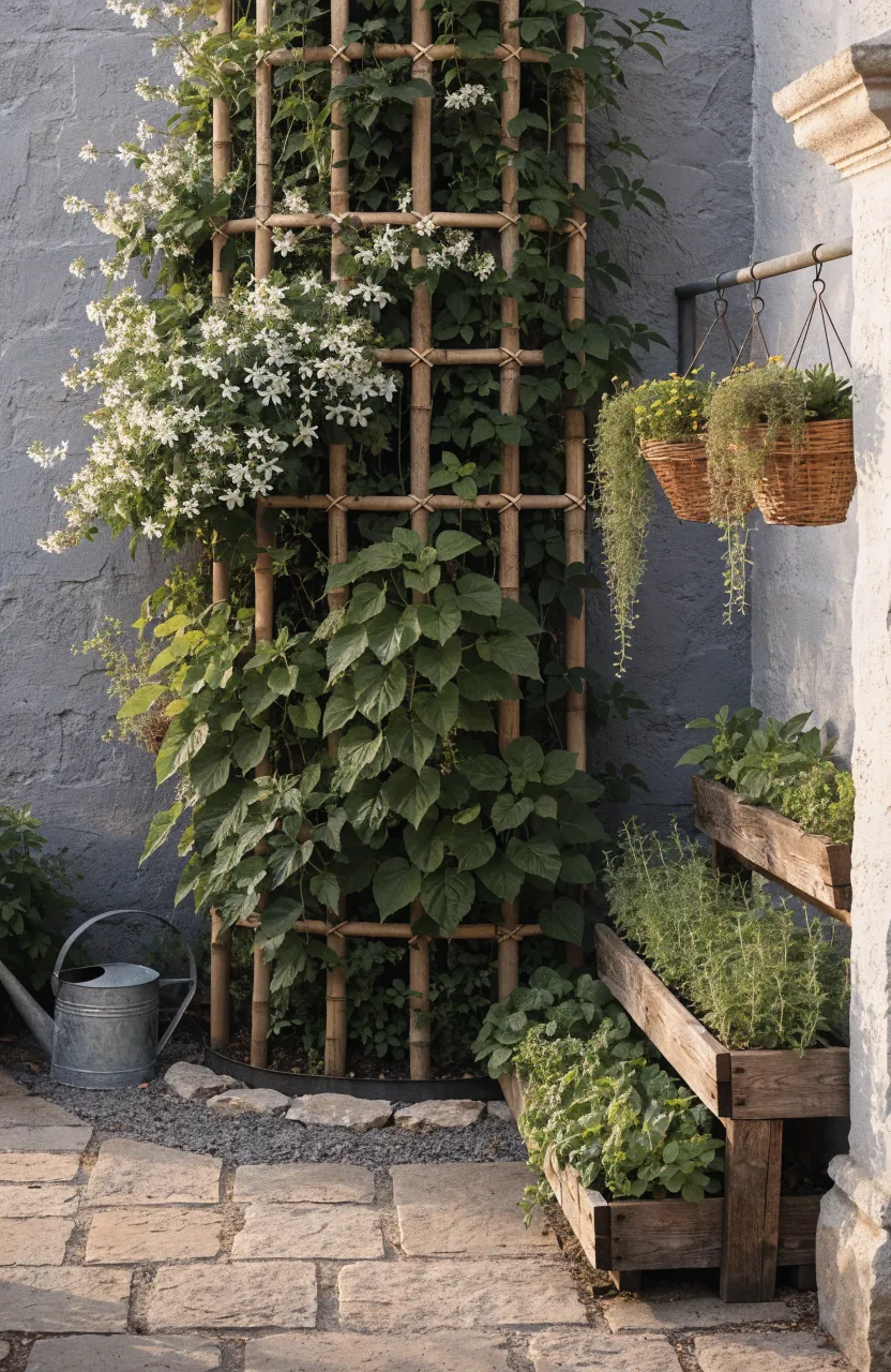 Outdoor garden plant wall with bamboo trellis herbs hanging baskets and stone edging