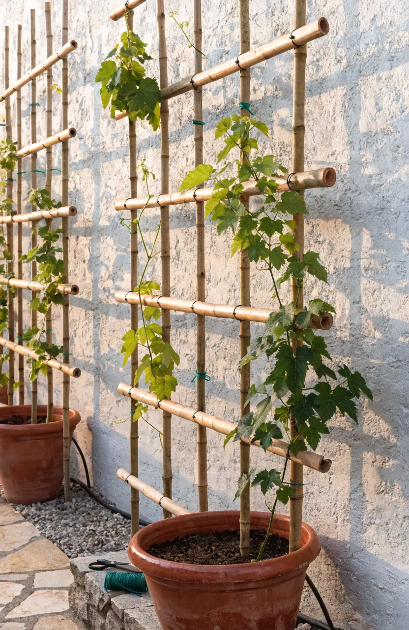 Outdoor garden plant wall with bamboo trellis air gap and climbing vines against a painted wall