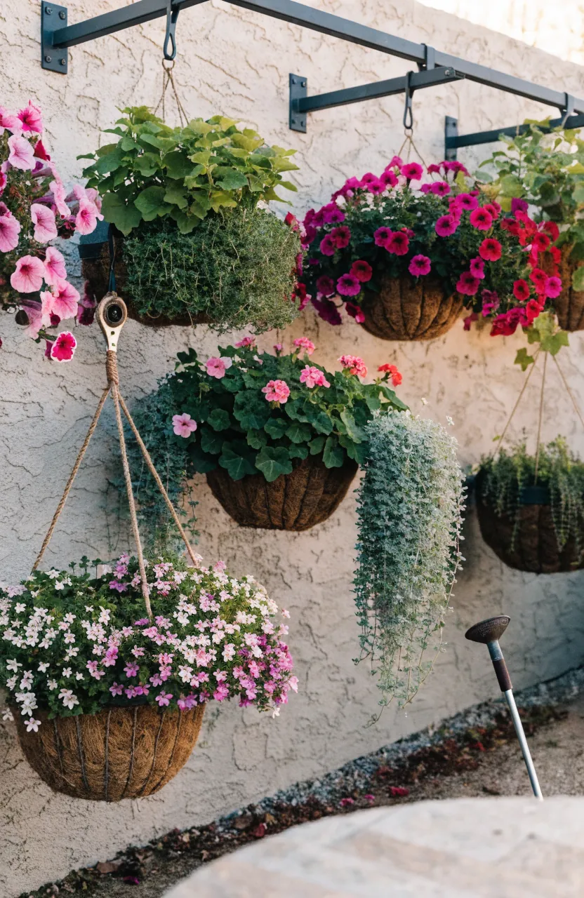 Outdoor hanging plants on a patio garden wall with baskets rails and layered greenery