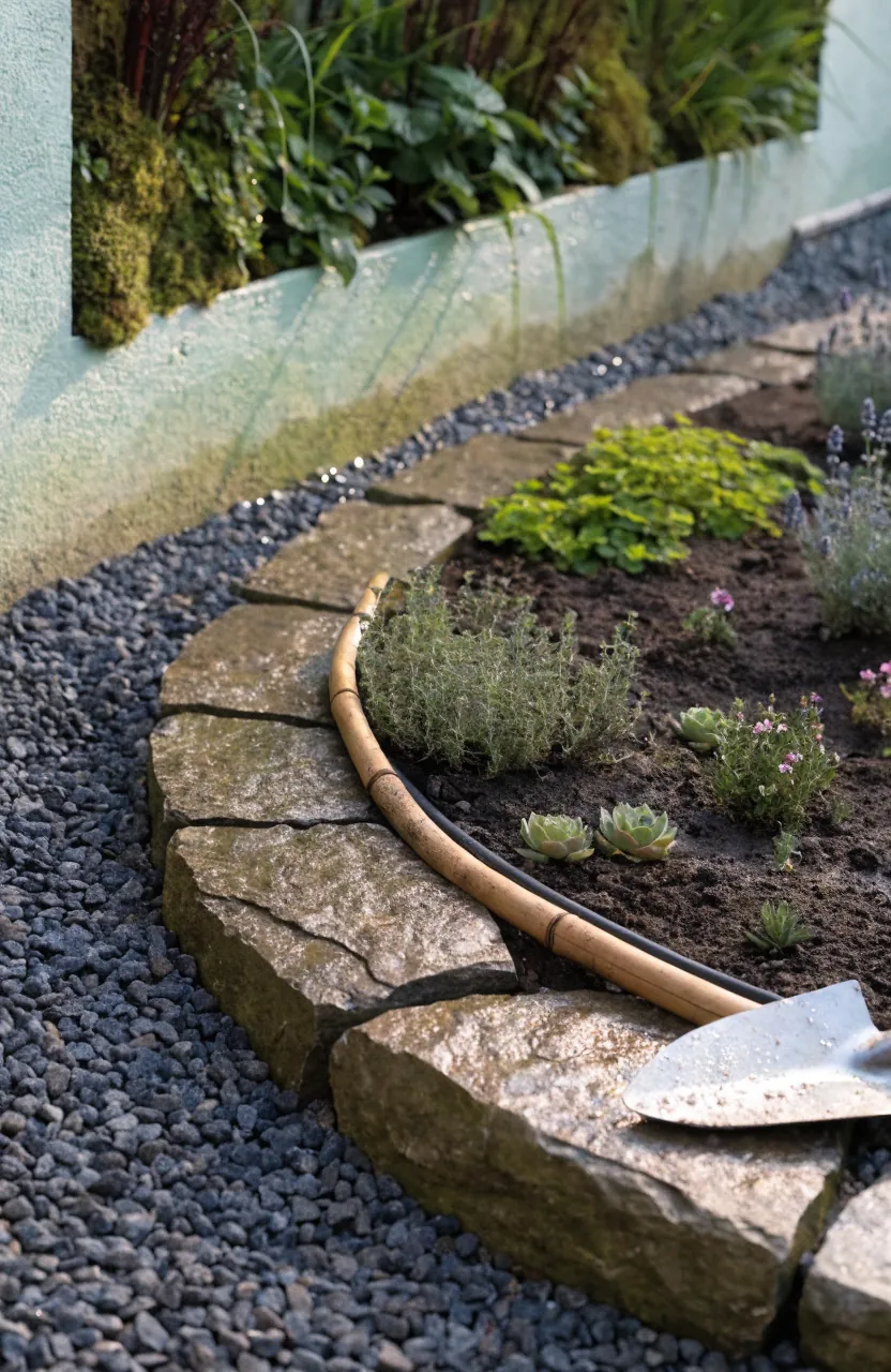 Garden wall base with stone edging low herbs gravel drainage and vertical planting above