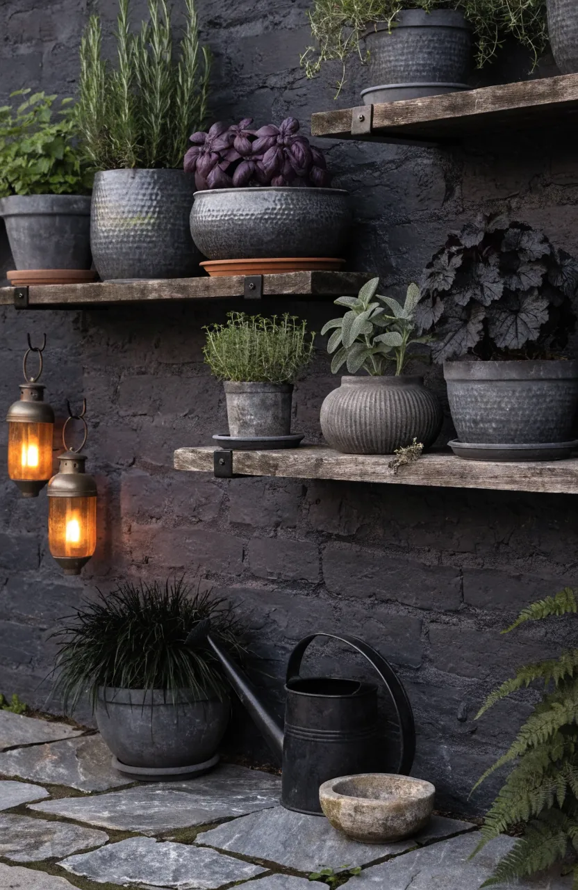 Witchy garden wall with dark foliage herbs black metal brackets and amber lantern light