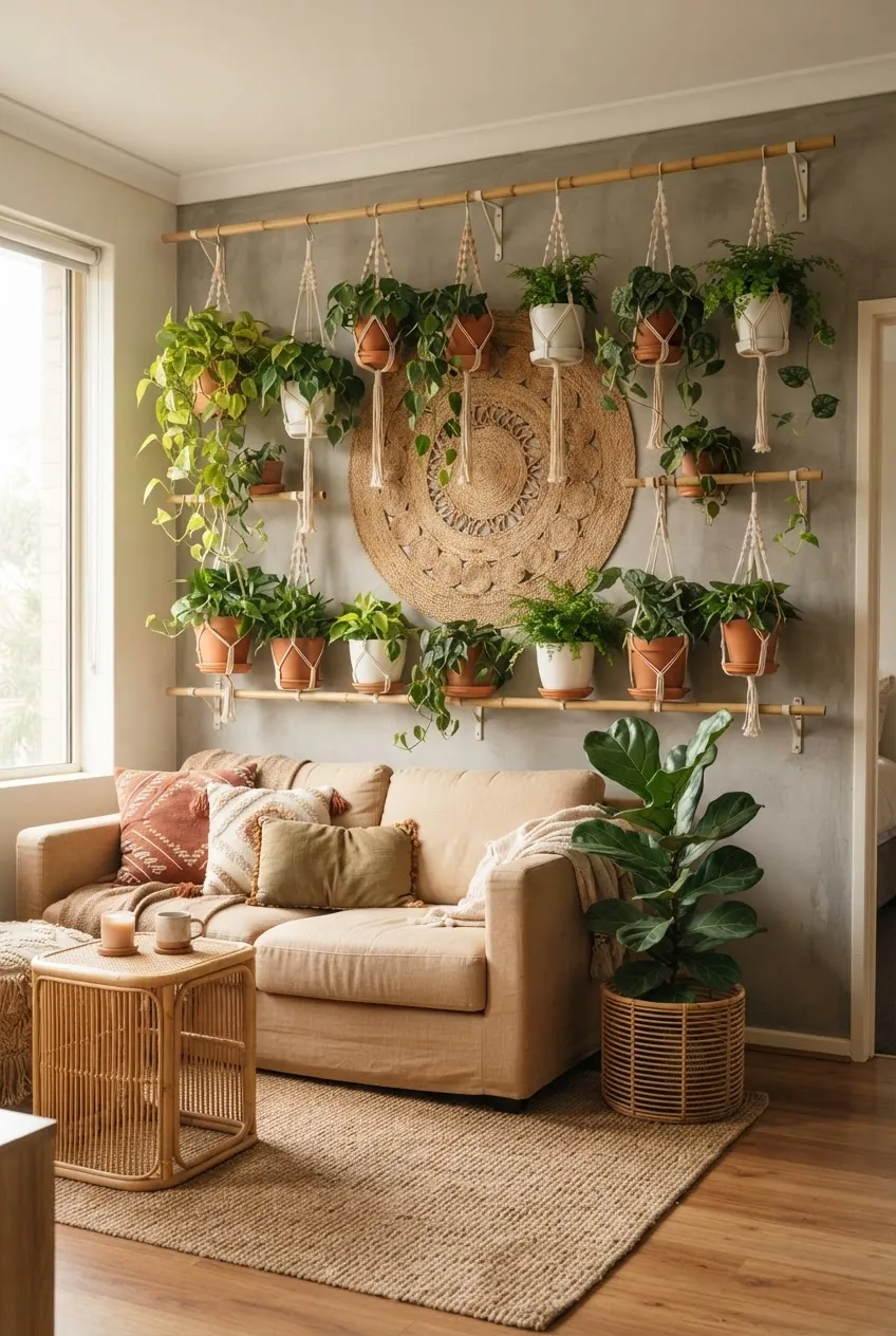 Bohemian indoor plant wall with bamboo rails, terracotta pots, and trailing houseplants