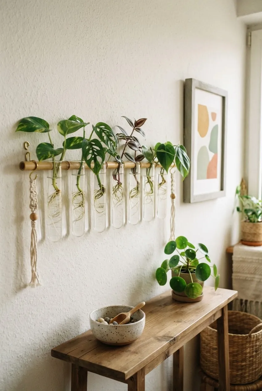 Bohemian propagation wall with glass tubes, bamboo rail, and indoor plant cuttings