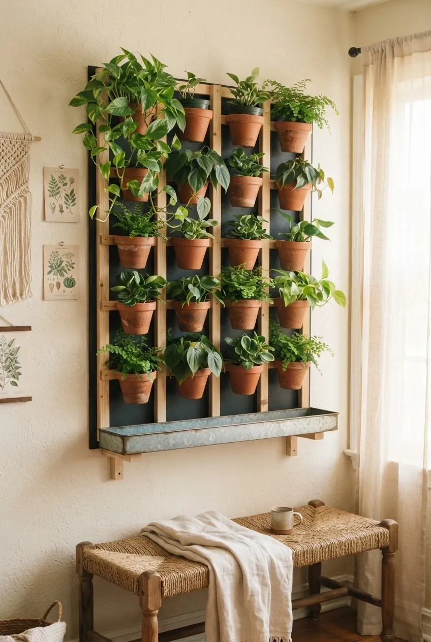 DIY living wall indoor setup with removable planters and a bohemian wood frame