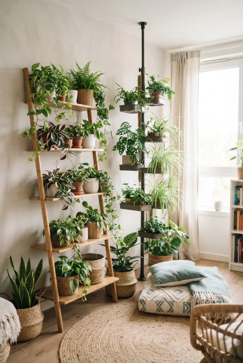 Renter friendly bohemian plant wall shelf with trailing indoor plants