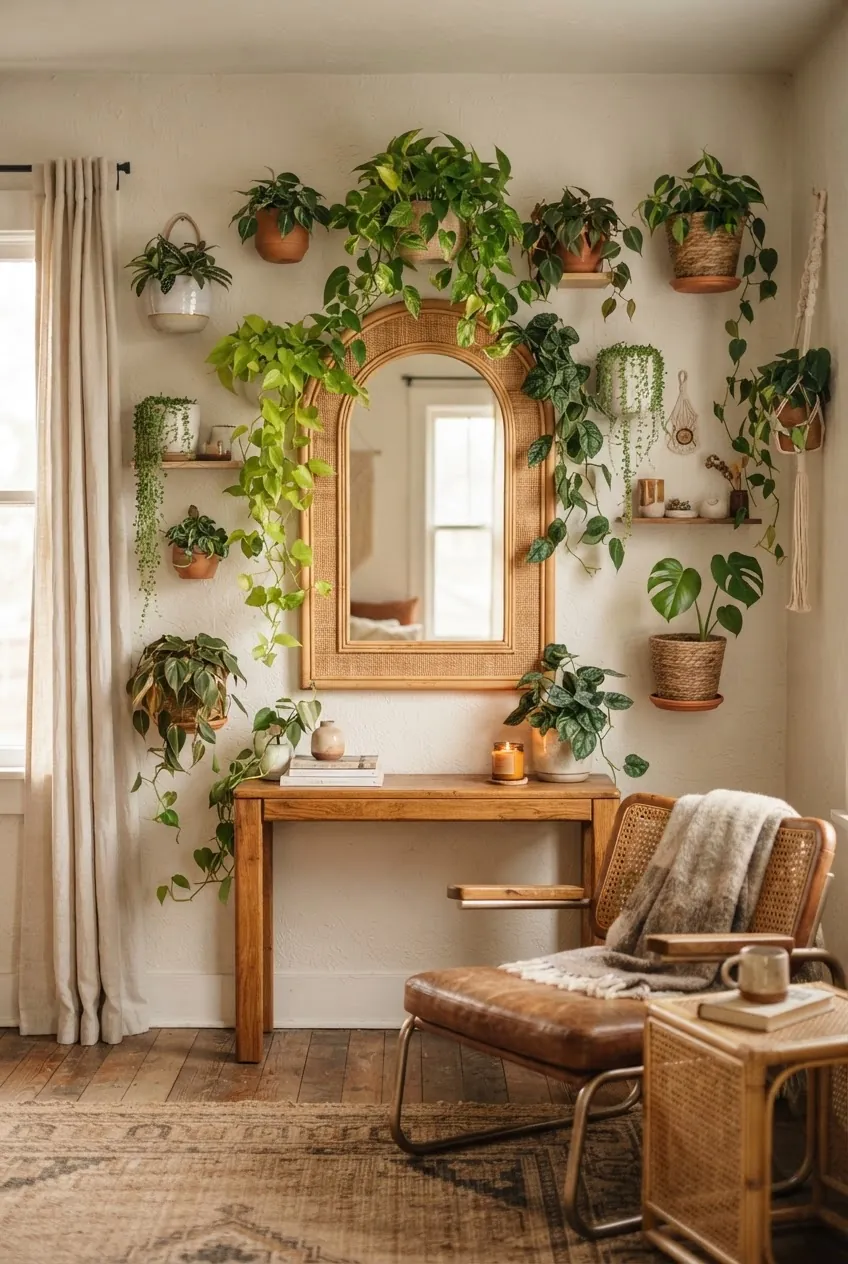 Bohemian living room plant accent wall with rattan planters and an arched mirror