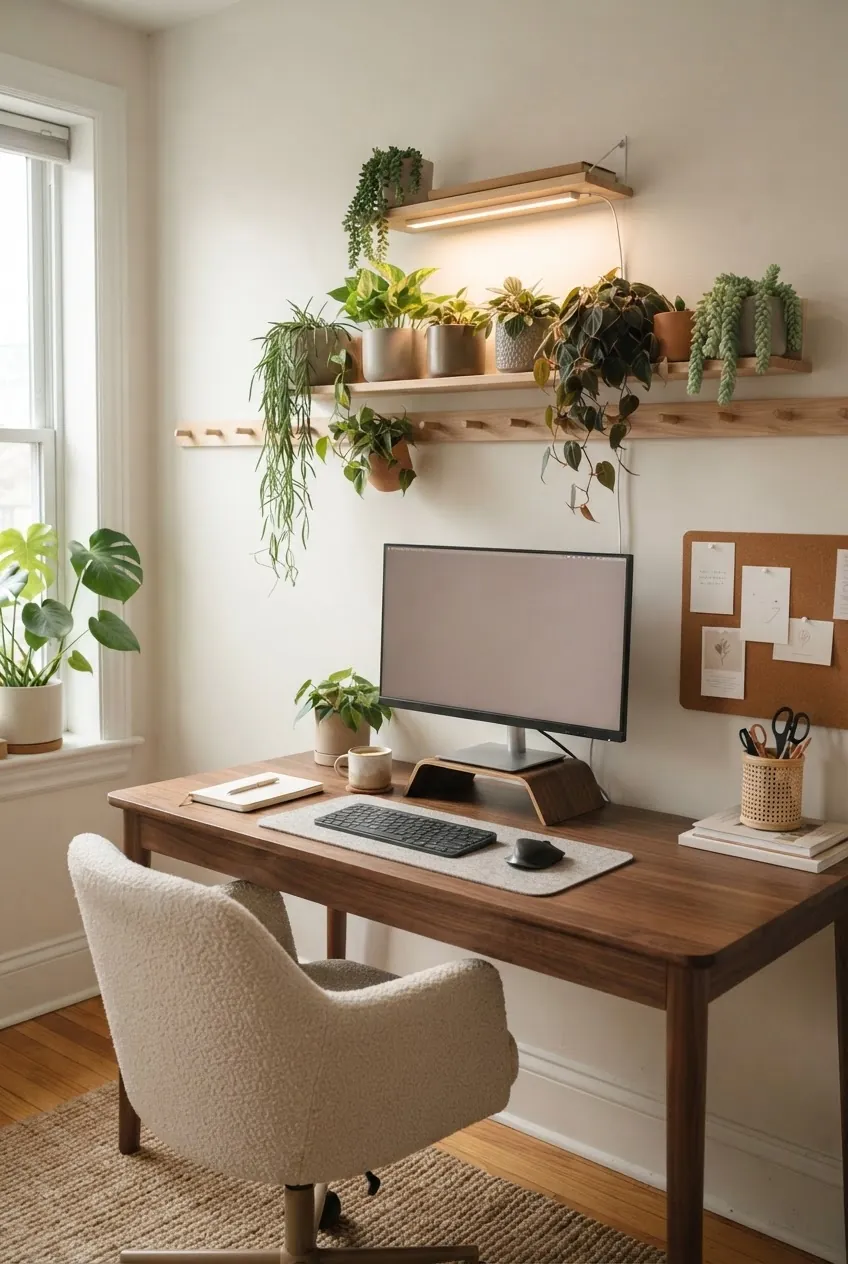 Bohemian plant wall office with a peg rail, compact planters, and a warm wood desk