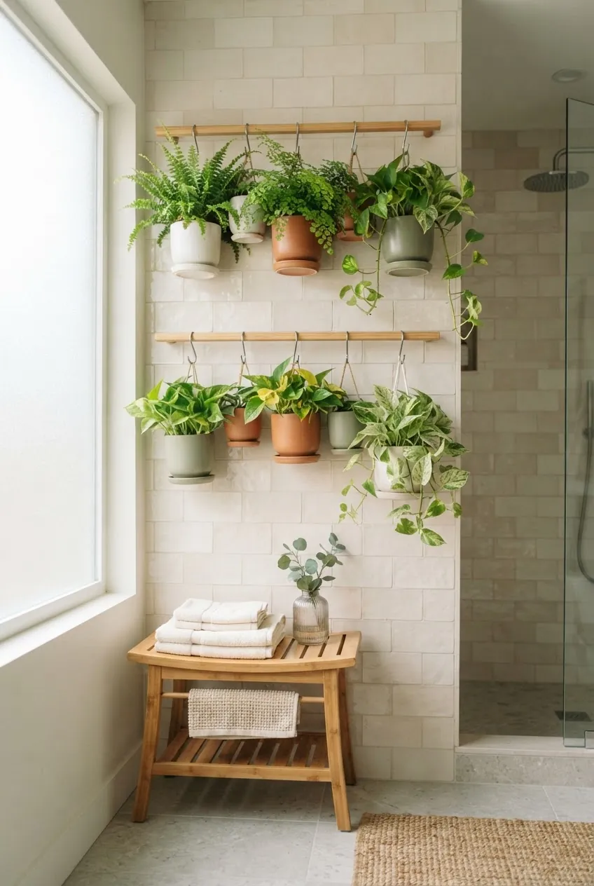 Bathroom plant feature wall with ferns, pothos, tile, and bohemian bamboo details