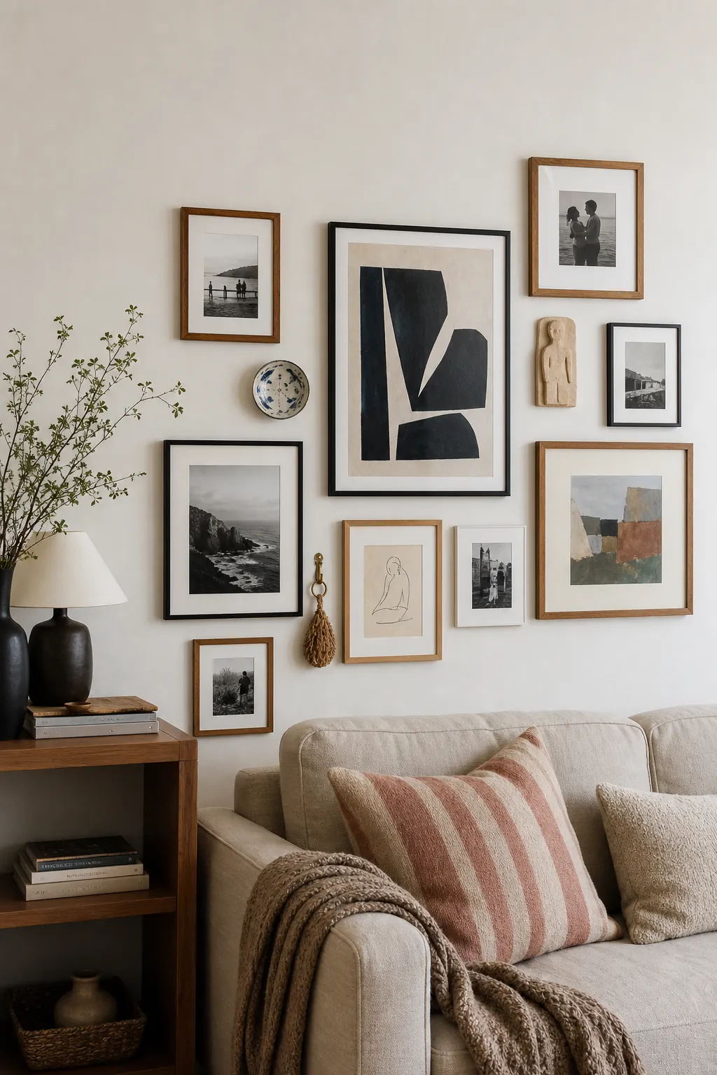 Collected gallery wall with art photos and small objects in a warm home interior