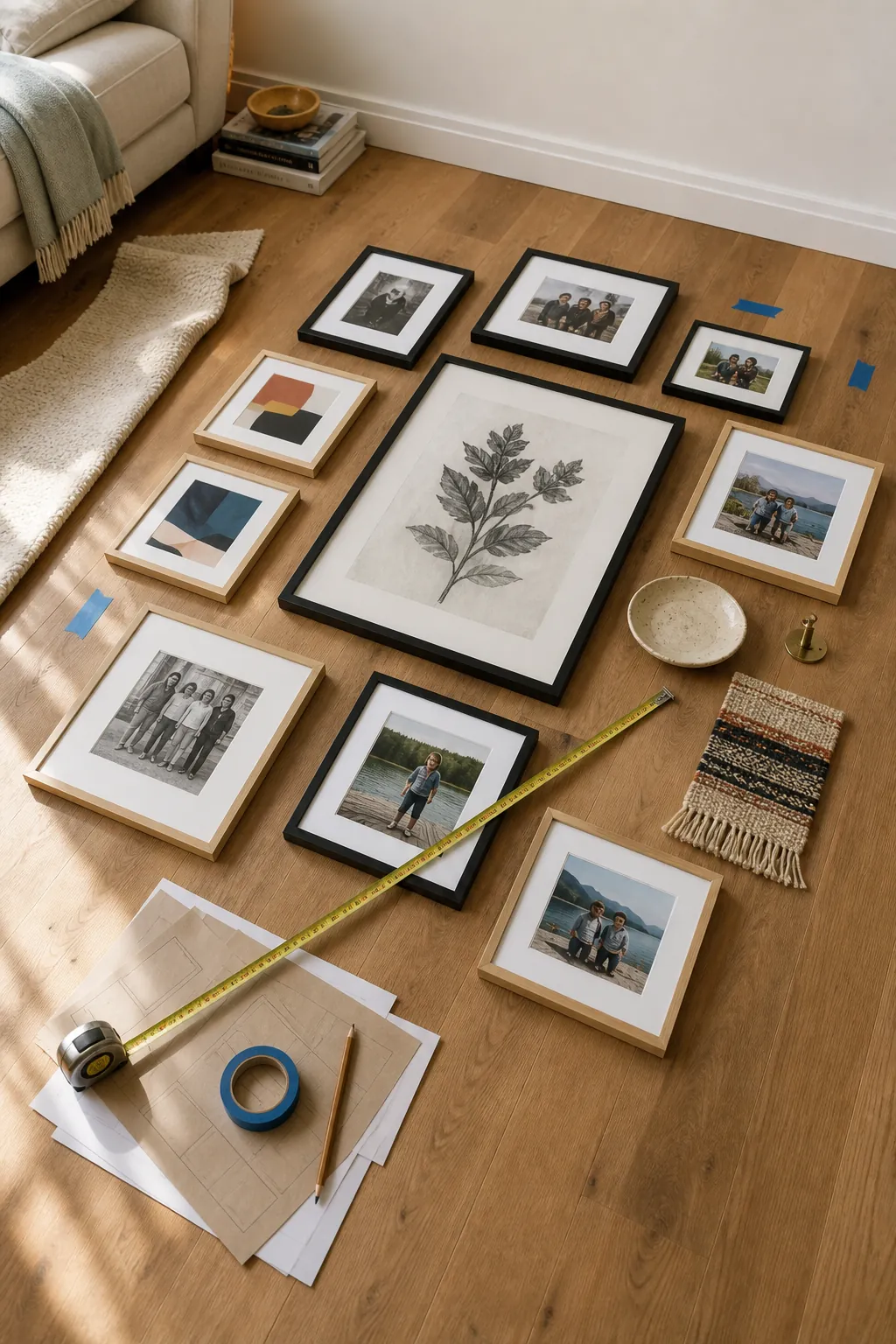 Gallery wall layout planned on the floor with art photos and small objects