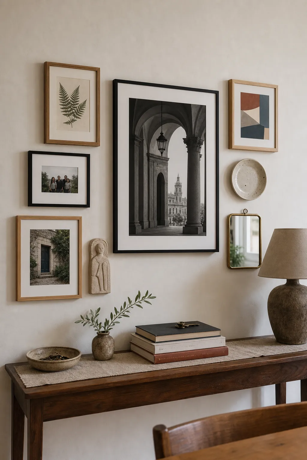 Mixed media gallery wall with frames ceramic plate and small sculptural objects
