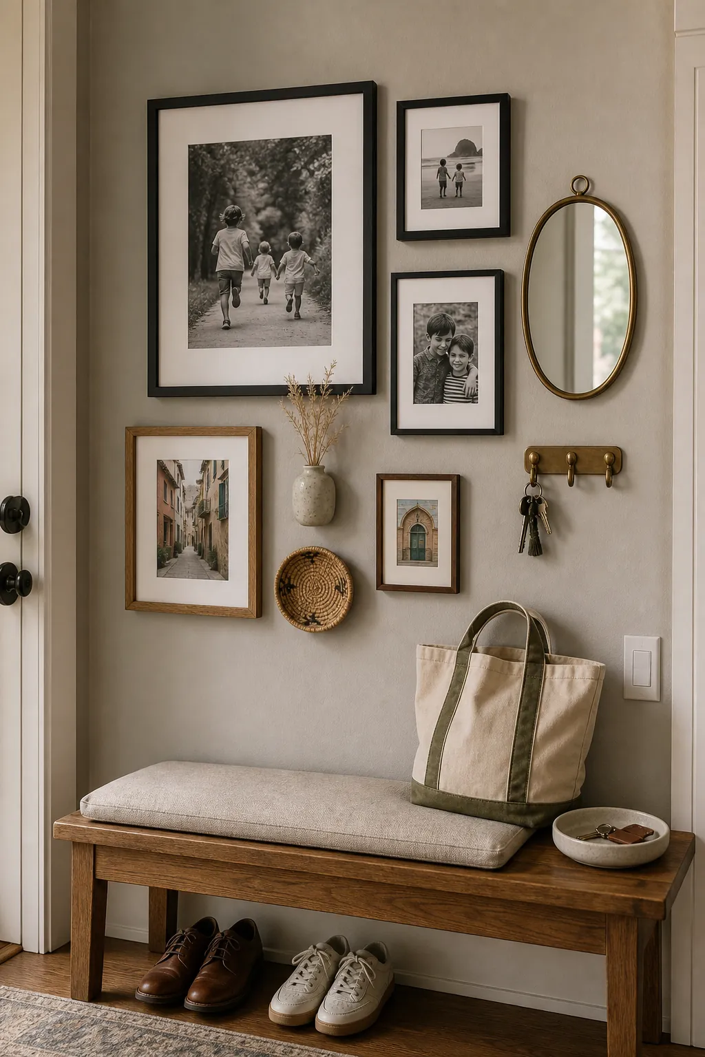 Photo wall mixed with small decorative objects and varied frame sizes