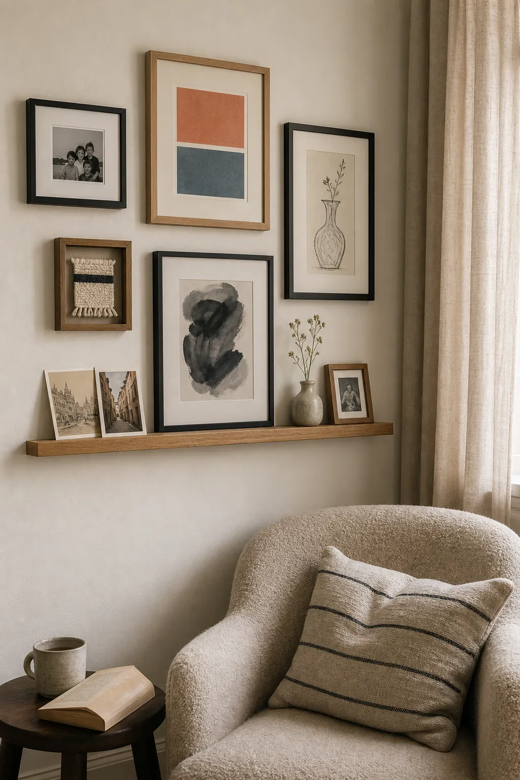 Collected gallery wall with a shallow picture ledge art photos and small objects
