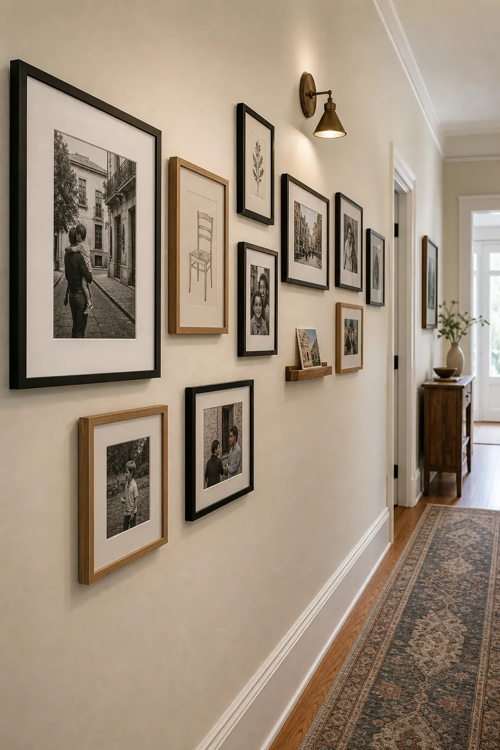 Hallway gallery wall with personal photos art prints and balanced spacing