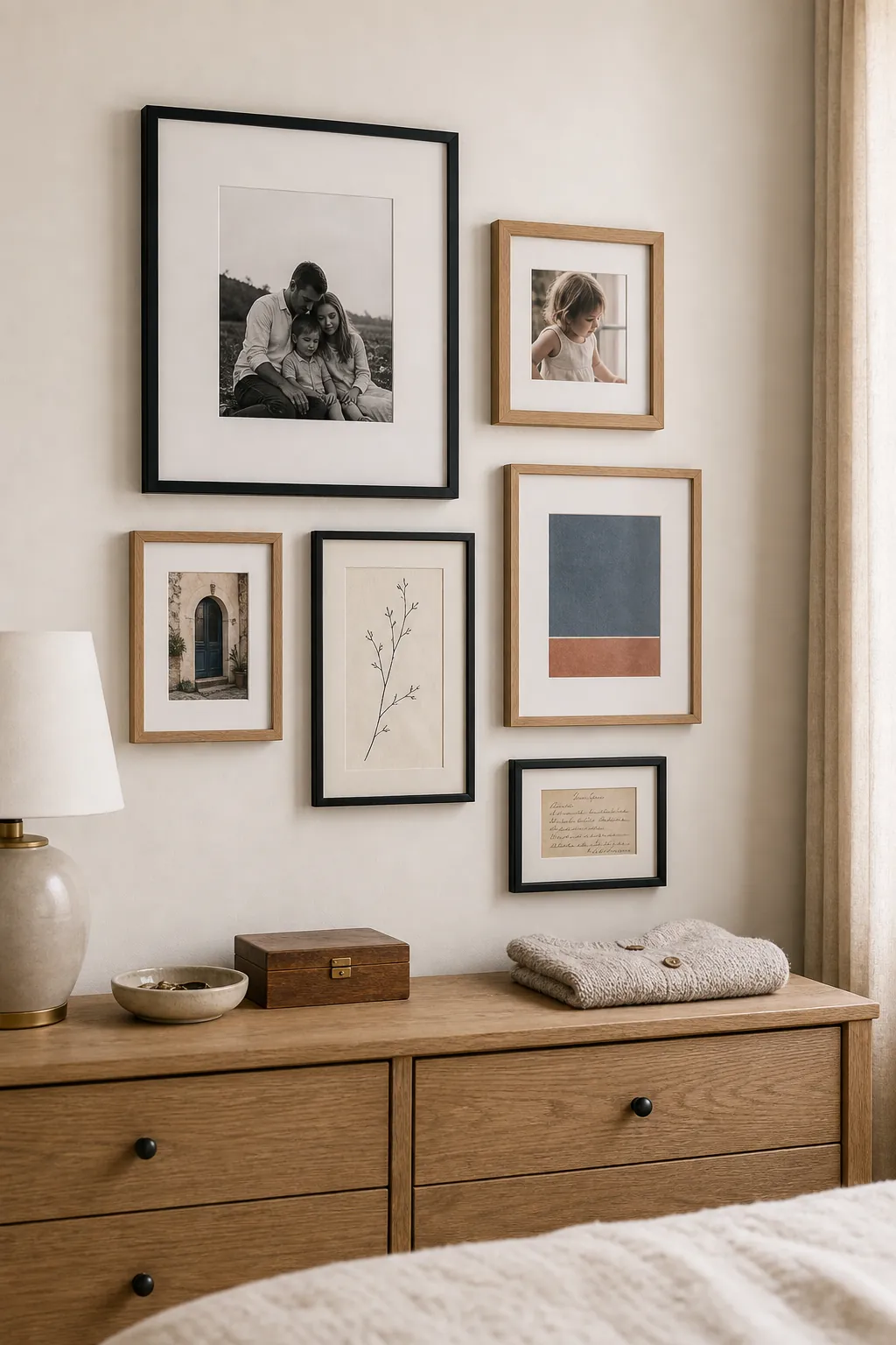 Personal photo gallery wall mixed with simple art and generous mats