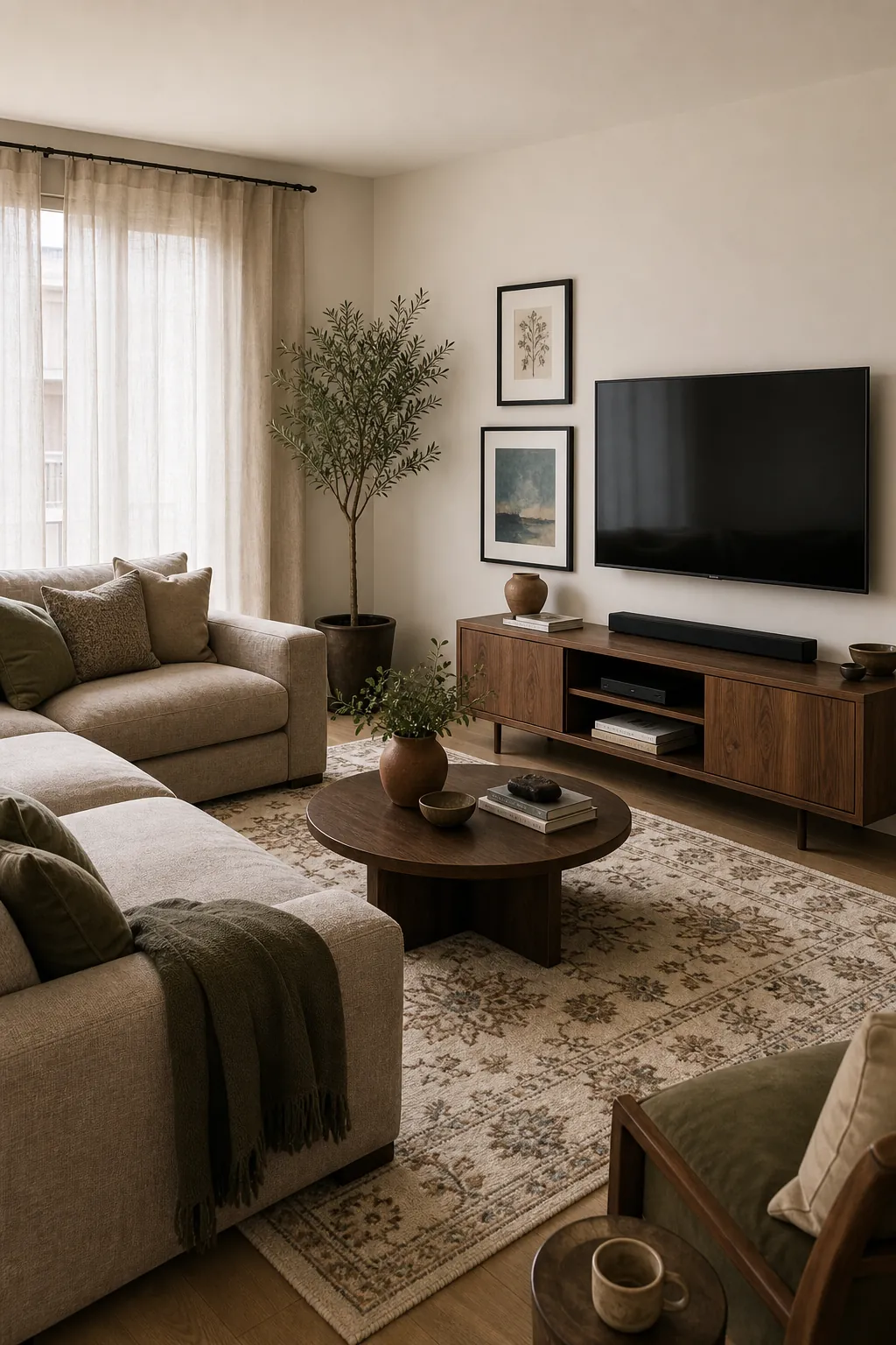 Modern living room colour design with coordinated walls sofa rug and TV unit