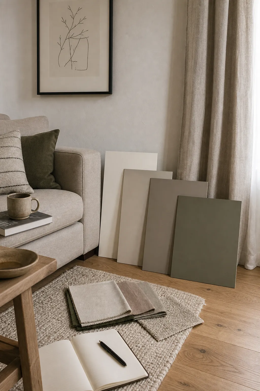 Neutral living room colour palette built from sofa flooring rug and wall samples