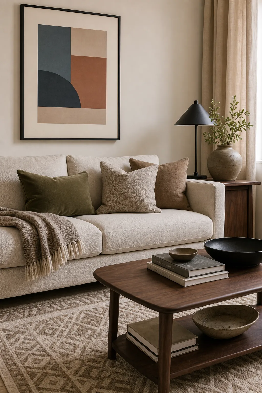 Living room sofa rug and curtain colour layering with repeated accent tones