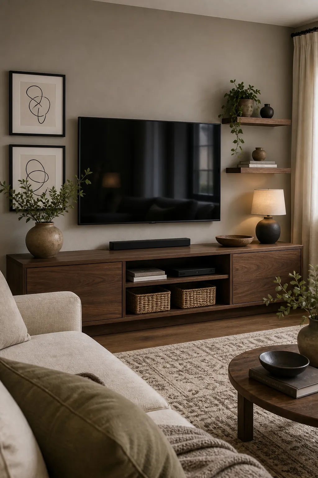 Modern TV wall colour design with balanced dark accents and warm wood tones