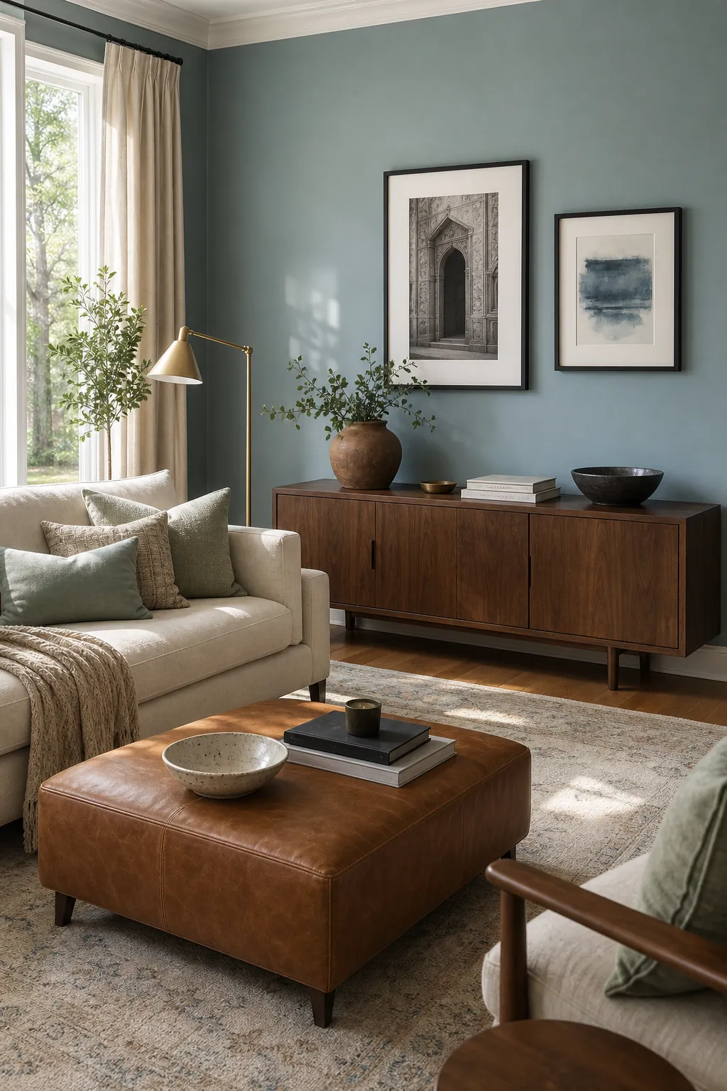 Cool blue green living room colour palette balanced with wood and cream textiles