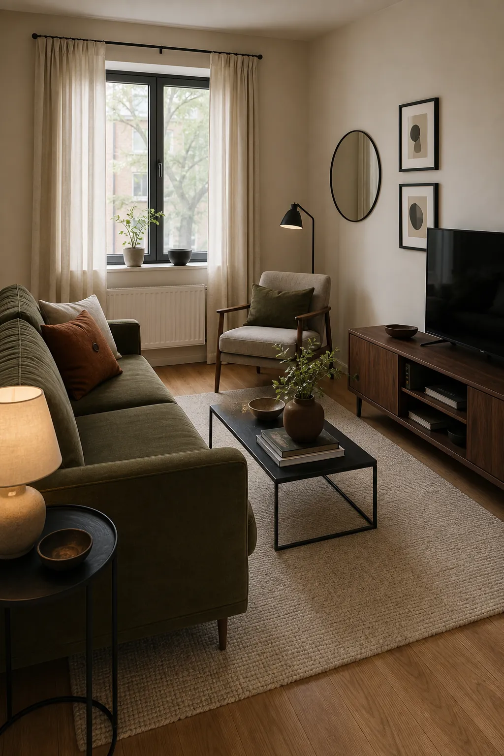 Small living room colour zones using wall paint sofa rug and TV unit accents