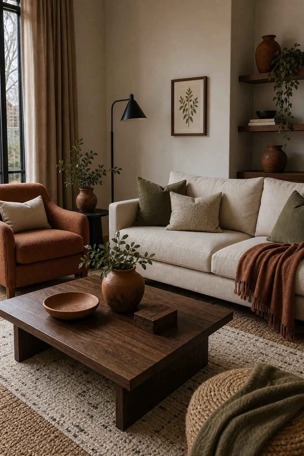 Warm earth tone living room colour design with clay olive cream and walnut