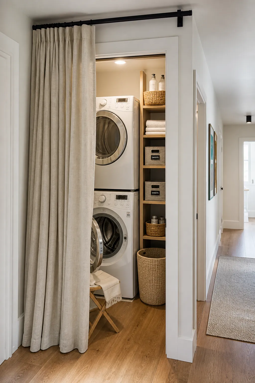 Laundry closet with a linen curtain replacing doors to save clearance