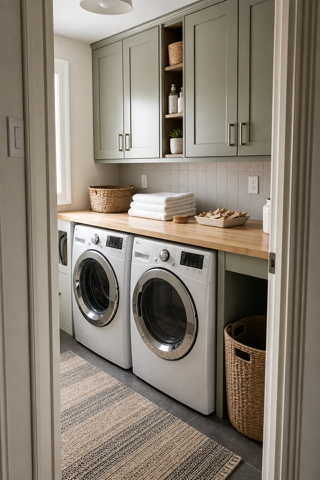 Small laundry room with a folding counter over front loading machines