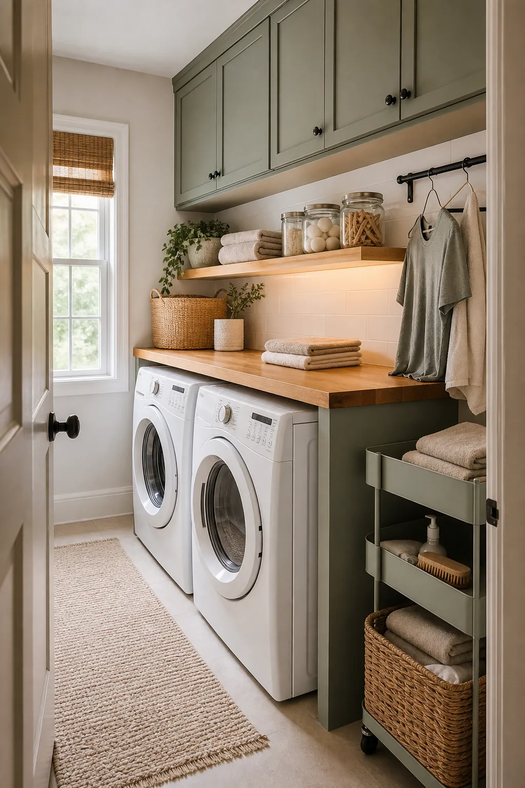 Organized small laundry room with folding counter cabinets and drying rail