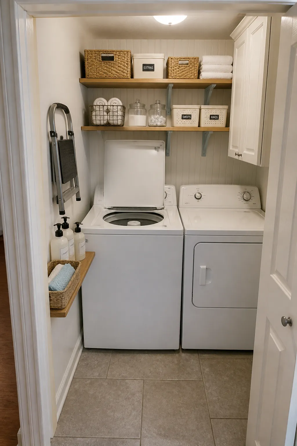 Top loader laundry room with vertical shelving that leaves lid clearance